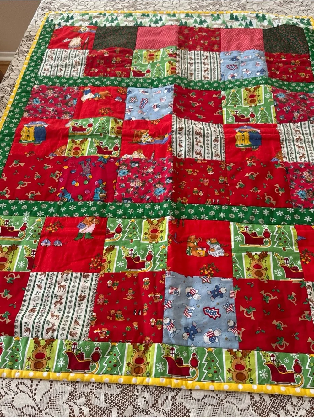 Handmade Christmas Patchwork Quilt 50x38 Holiday Reindeer Tree Sleigh Throw